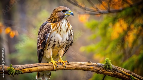 Majestic red tailed hawk perched on a tree branch, bird of prey, wildlife, predator, feathers, beak, talons