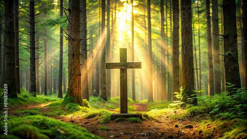A serene cross standing alone in the middle of a peaceful wooded area, faith, religious, Christianity, symbol, memorial