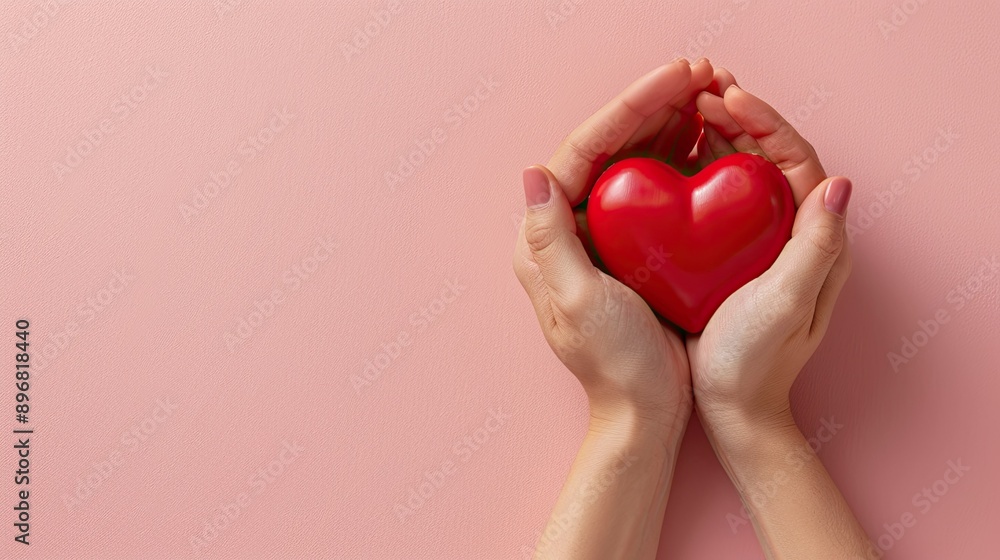Fototapeta premium Romantic image of adult hands presenting a red heart on a light pink background, conveying warmth and tenderness