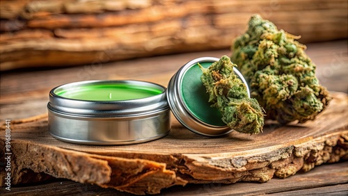 Close up of cannabis green balm made from marijuana bud flower with a wooden log in the background , CBD, cannabis