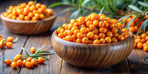 Closeup of ripe sea buckthorn berries in a wooden bowl , organic, healthy, vitamin C, antioxidant, fresh, harvest, nutrition