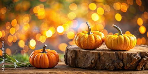 Ornamental orange pumpkins on wooden log with bokeh background, autumn, harvest, decorative, seasonal, arrangement, rustic
