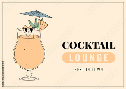Groovy character pina colada. Retro banner and label with popular alcoholic beverage. Cafe bar or cocktail lounge logo and sign card. Summer vintage vector illustration