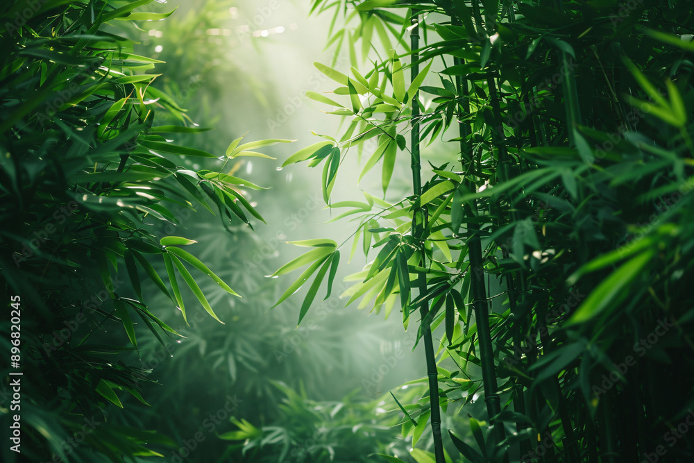 Obraz premium Green Bamboo Forest: Escape to the tranquility of a lush bamboo forest, where sunlight filters through the leaves creating a calming ambiance.