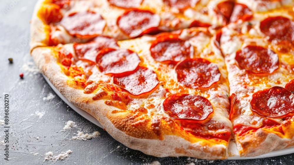 Pepperoni pizza on white table in Rio de Janeiro Pepperoni pizza on white table in Rio de Janeiro