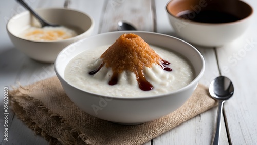 Bubur Sumsum - A traditional Indonesian dessert made from rice flour and served with sweet coconut milk and palm sugar syrup. This creamy and sweet porridge is a must-try for those looking to experien photo