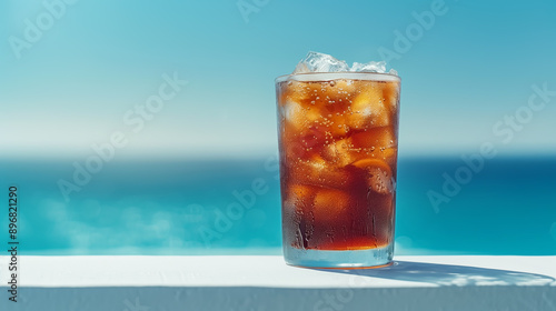 A glass of soft drink and the summer sea.