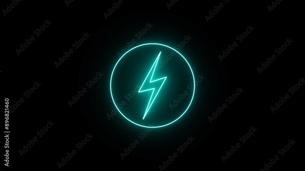 Neon lightning bolt, glowing sign. Neon battery charging power symbol, lightning bolt sign in the circle Neon lightning bolt, glowing sign. Neon battery charging power symbol, lightning bolt sign in the circle