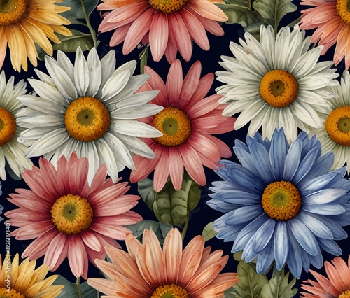 watercolor multiple daisy variant floral pattern, photorealistic with bright tones, 8k high resolution