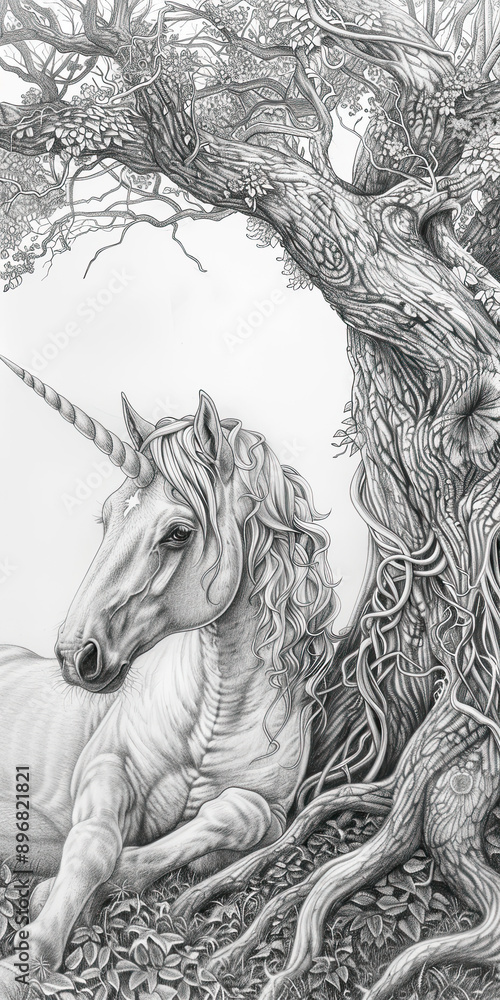 A unicorn with a detailed flowing mane depicted in a pencil drawing, resting under the sprawling roots and branches of an ancient tree.