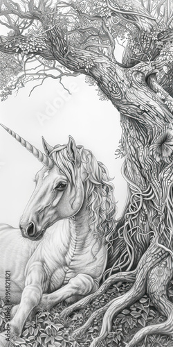 Obraz na płótnie A unicorn with a detailed flowing mane depicted in a pencil drawing, resting under the sprawling roots and branches of an ancient tree. w salonie
