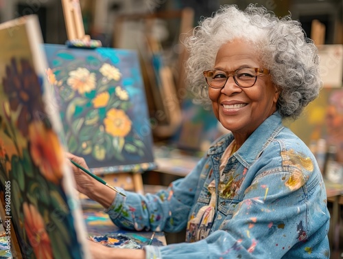 Retired adults participating in an art class, painting vibrant canvases and enjoying creative expression