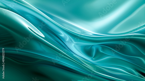 Abstract image of teal liquid waves with smooth, flowing curves and reflective surfaces in a horizontal format. 