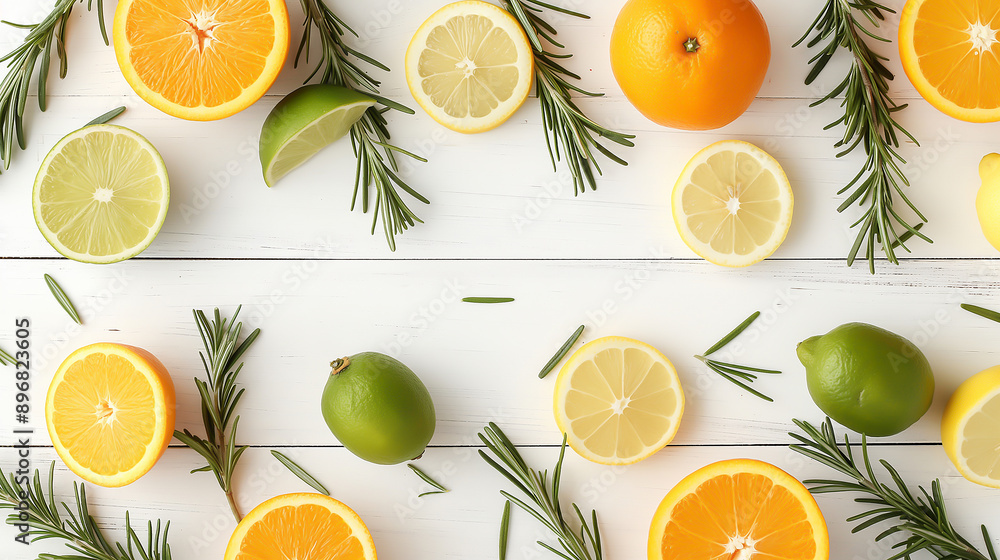 Citrus fruits like lemons, oranges, and limes with rosemary sprigs on a white wooden background Citrus fruits like lemons, oranges, and limes with rosemary sprigs on a white wooden background