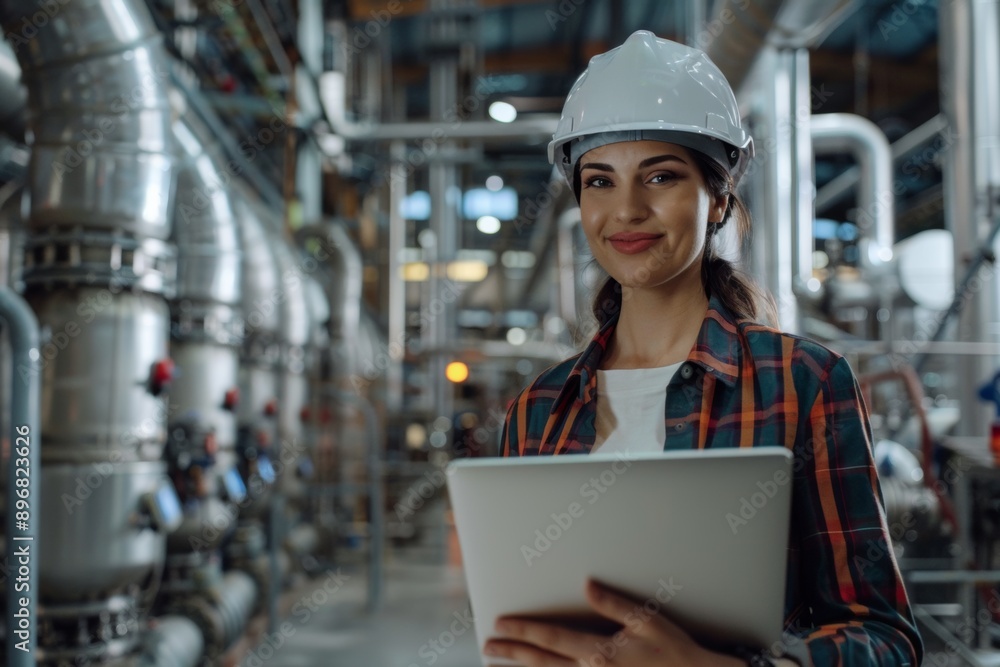 Happy face of a woman engineer manager leader in helmet, holding a laptop and looking directly at the camera in a productive manufacturing plant. Demonstrates leadership and technology in action. Happy face of a woman engineer manager leader in helmet, holding a laptop and looking directly at the camera in a productive manufacturing plant. Demonstrates leadership and technology in action.