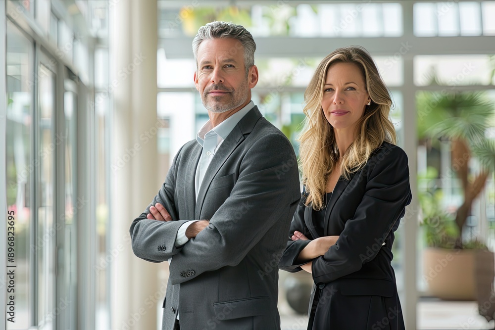 Portrait of confident businessman and businesswoman standing with arms crossed in office Portrait of confident businessman and businesswoman standing with arms crossed in office