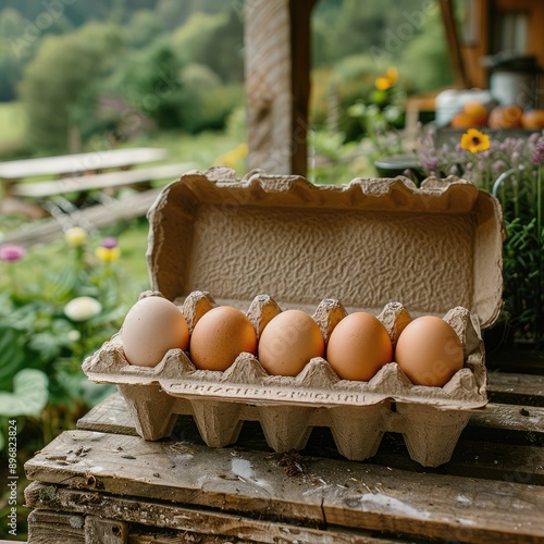 Organic egg carton with eco-friendly packaging, set against a farm backdrop, highlighting sustainable and natural farming practices photo