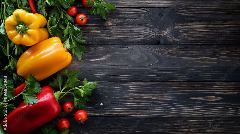 Fresh peppers including bell peppers and chili peppers with parsley leaves on a dark wooden background Fresh peppers including bell peppers and chili peppers with parsley leaves on a dark wooden background