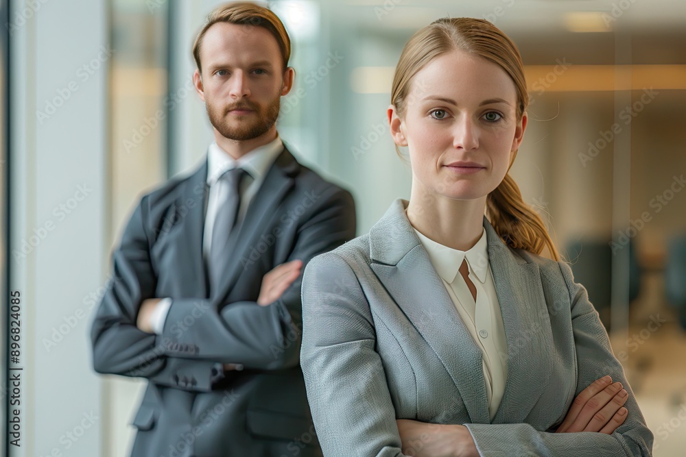 Portrait of confident businessman and businesswoman standing with arms crossed in office