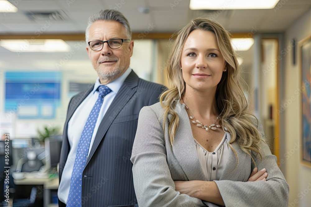 Portrait of confident businessman and businesswoman standing with arms crossed in office Portrait of confident businessman and businesswoman standing with arms crossed in office