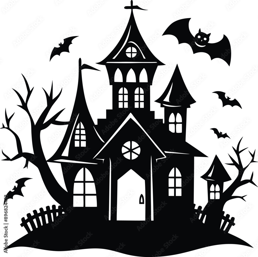 Hand drawn Halloween castle house pumpkin bat silhouette Hand drawn Halloween castle house pumpkin bat silhouette