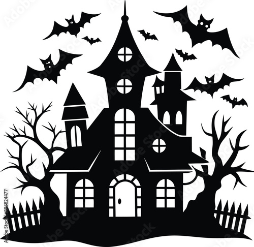 Hand drawn Halloween castle house pumpkin bat silhouette