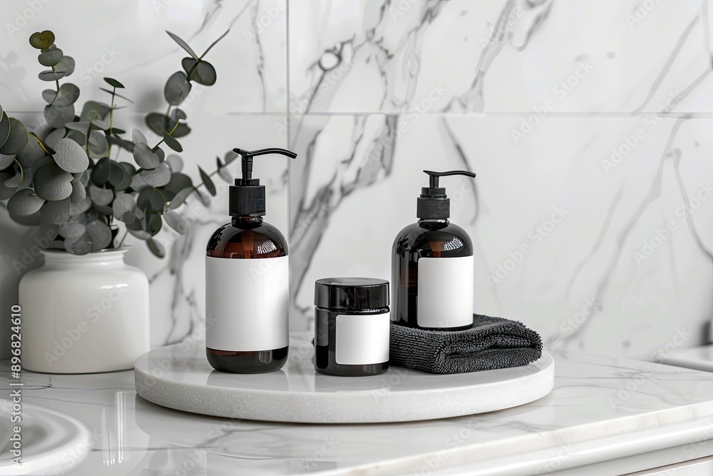 Mockup of cosmetic products on white marble countertop in bathroom Mockup of cosmetic products on white marble countertop in bathroom