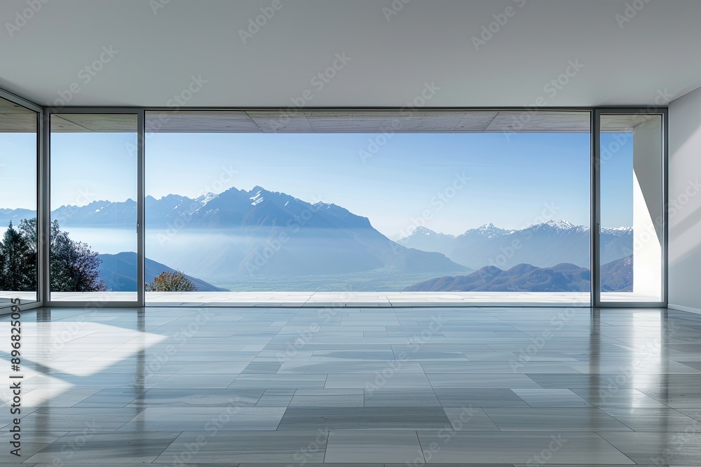 empty room with panoramic view of the mountains and blue sky empty room with panoramic view of the mountains and blue sky