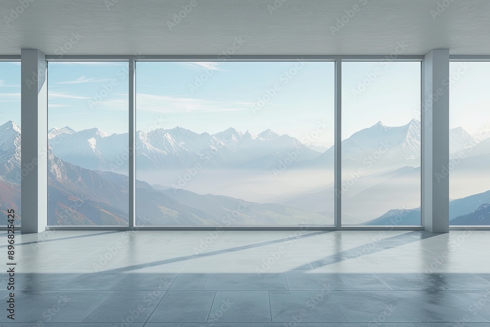 Fototapeta premium empty room with panoramic view of the mountains and blue sky