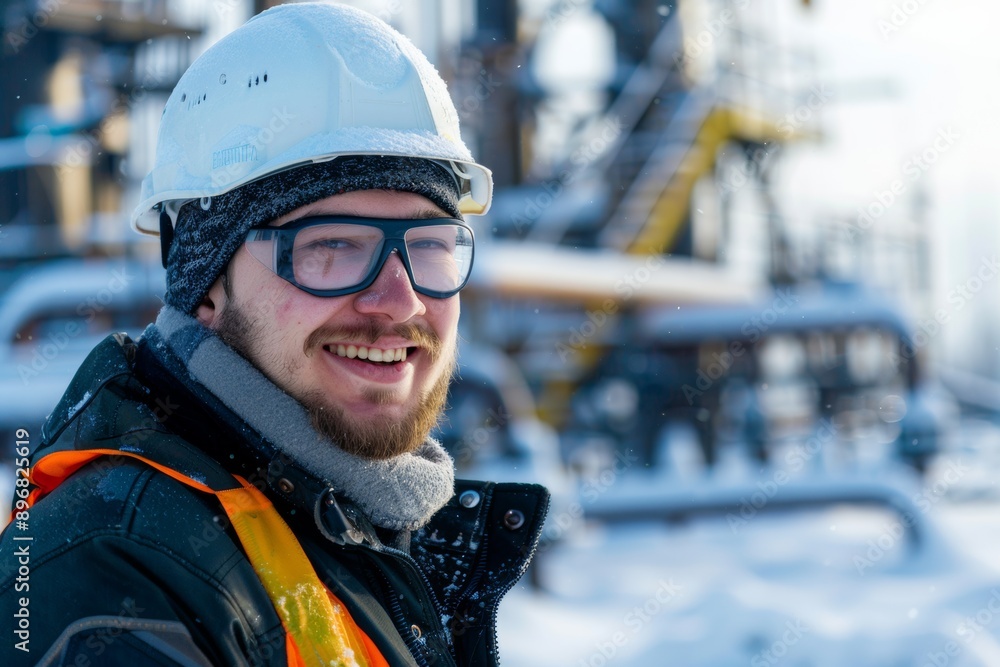 Portrait of a cheerful young engineer wearing a hardhat, overseeing operations at an oil production site during winter. Energy industry expertise on display. Portrait of a cheerful young engineer wearing a hardhat, overseeing operations at an oil production site during winter. Energy industry expertise on display.