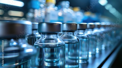 close up shot of row medical vial in lab with background lab equipment