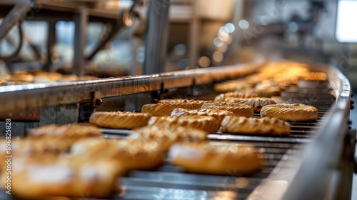 Bakery Production Line: Freshly Baked Doughnuts Move Along a Conveyor Belt