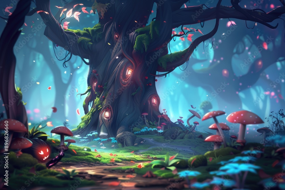 Enchanting Tree with Glowing Windows in a Mystical Forest Enchanting Tree with Glowing Windows in a Mystical Forest