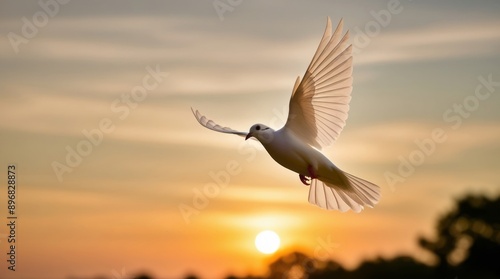 TOA image of a white dove spreading its wings and flying in the sky during the evening. photo