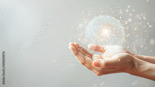 A digital network globe hovering above a hand against a light background, symbolizing global connectivity. Generative AI