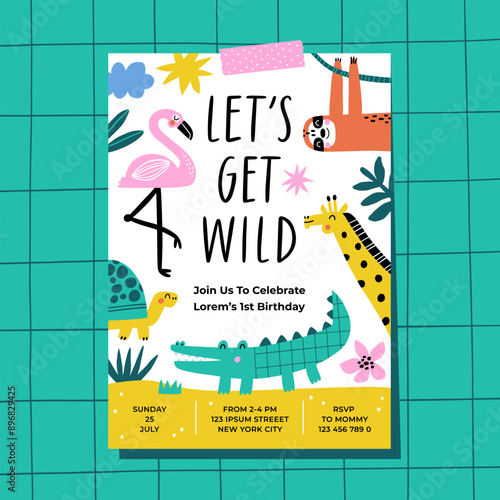 First birthday party invitation template. Jungle animals and plants.