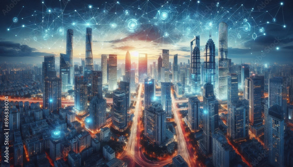 Obraz premium Futuristic City: Modern Skyline with Technology Web