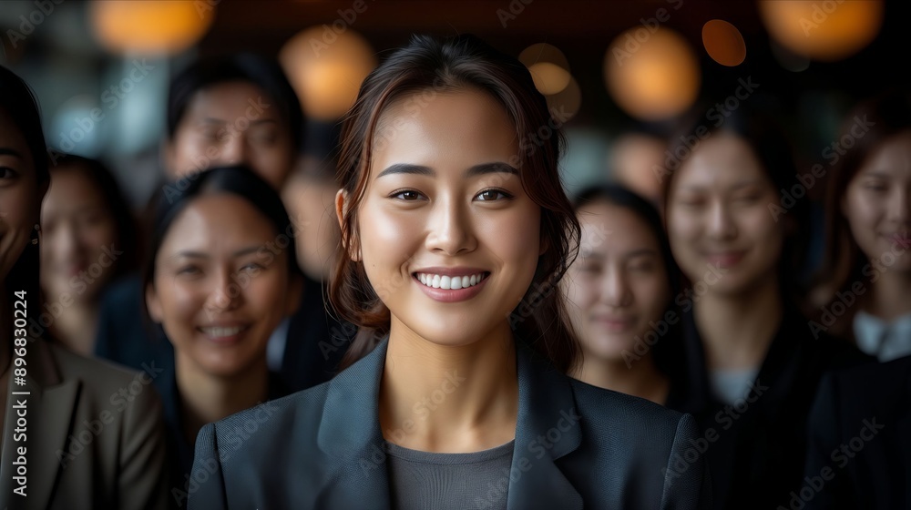 Fototapeta premium A smiling woman in front of a group of people.