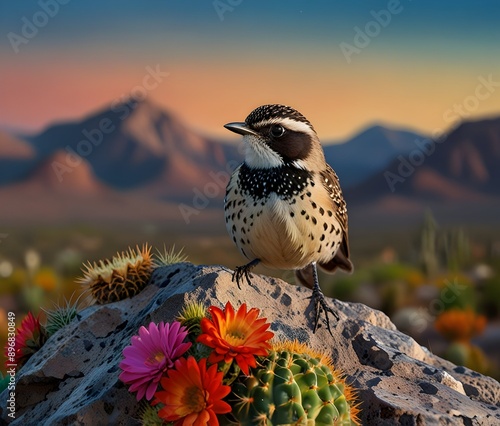 cactus wren bird  on a rock colorful background arizona desert dark sky  artwork painting cactus big flowers abstract  cactus flower photo