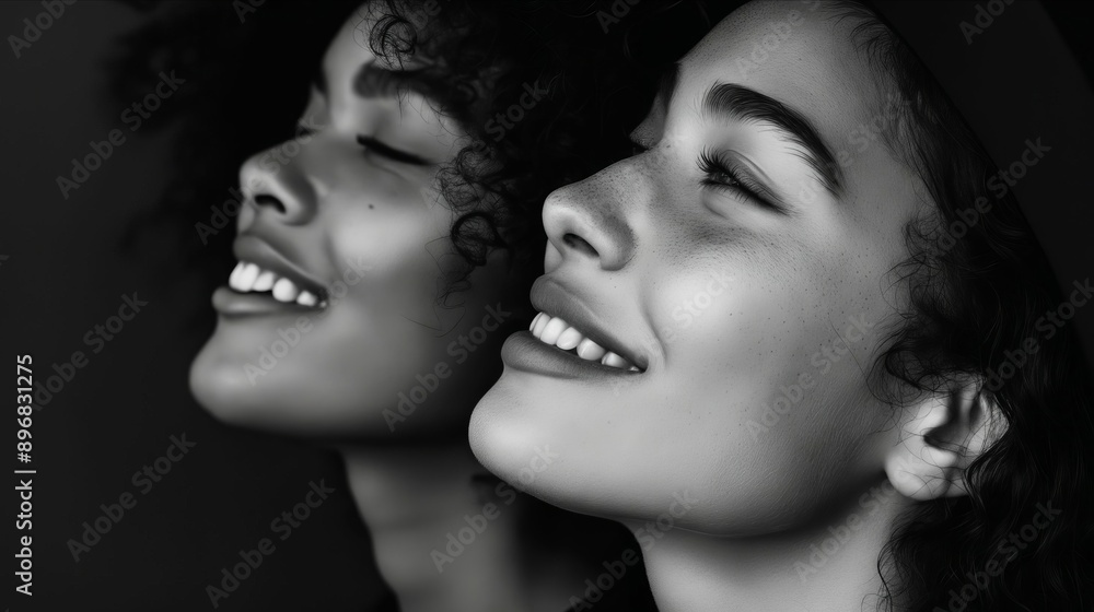 Two women with curly hair smiling and looking up. Two women with curly hair smiling and looking up.