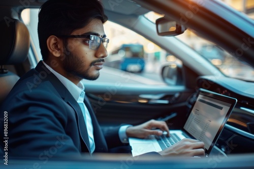 Close-up of a young executive working on a laptop in a car, multitasking while on the go, business efficiency, Portrait half-body, hyper-realistic, high detail, photorealistic, Indian professionals