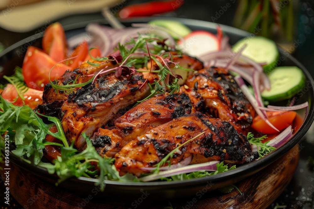 Freshly grilled chicken served with a mix of vegetables in a bowl on a wooden table, Emphasize the freshness of the ingredients in a grilled chicken salad Freshly grilled chicken served with a mix of vegetables in a bowl on a wooden table, Emphasize the freshness of the ingredients in a grilled chicken salad