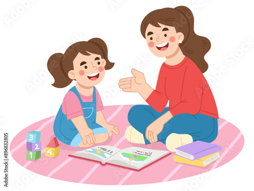 Mother telling stories and discussing to daughter vector illustration
