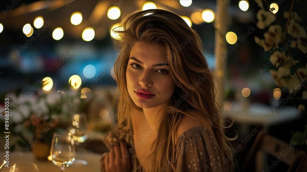 A beautiful woman sitting at a table with lights on.