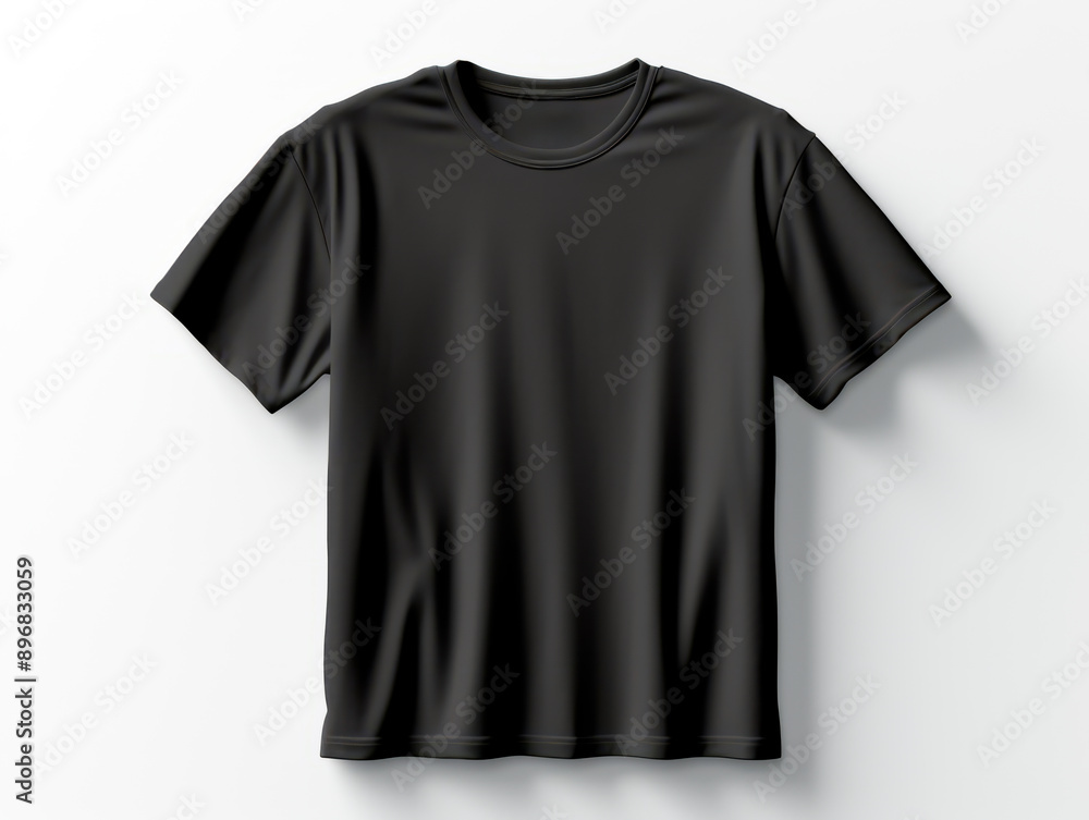 Black t-shirt mockup laid flat on a white background, concept of branding and design presentation. Generative AI Black t-shirt mockup laid flat on a white background, concept of branding and design presentation. Generative AI