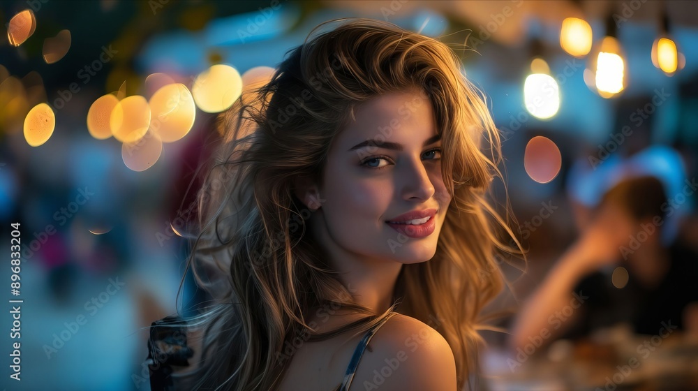 Naklejka premium A beautiful woman sitting at a table in a restaurant.
