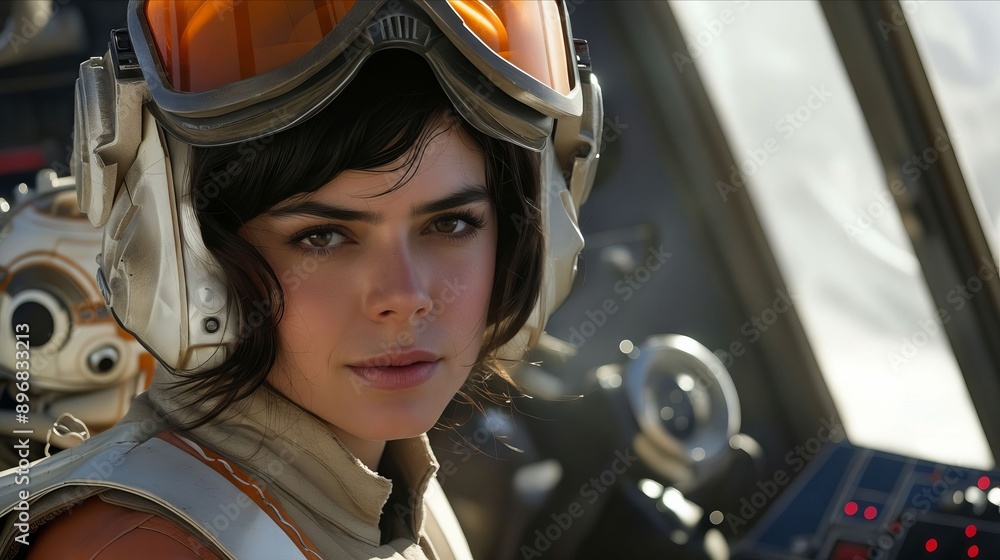 A woman in a helmet is sitting in swiss star wars. A woman in a helmet is sitting in swiss star wars.