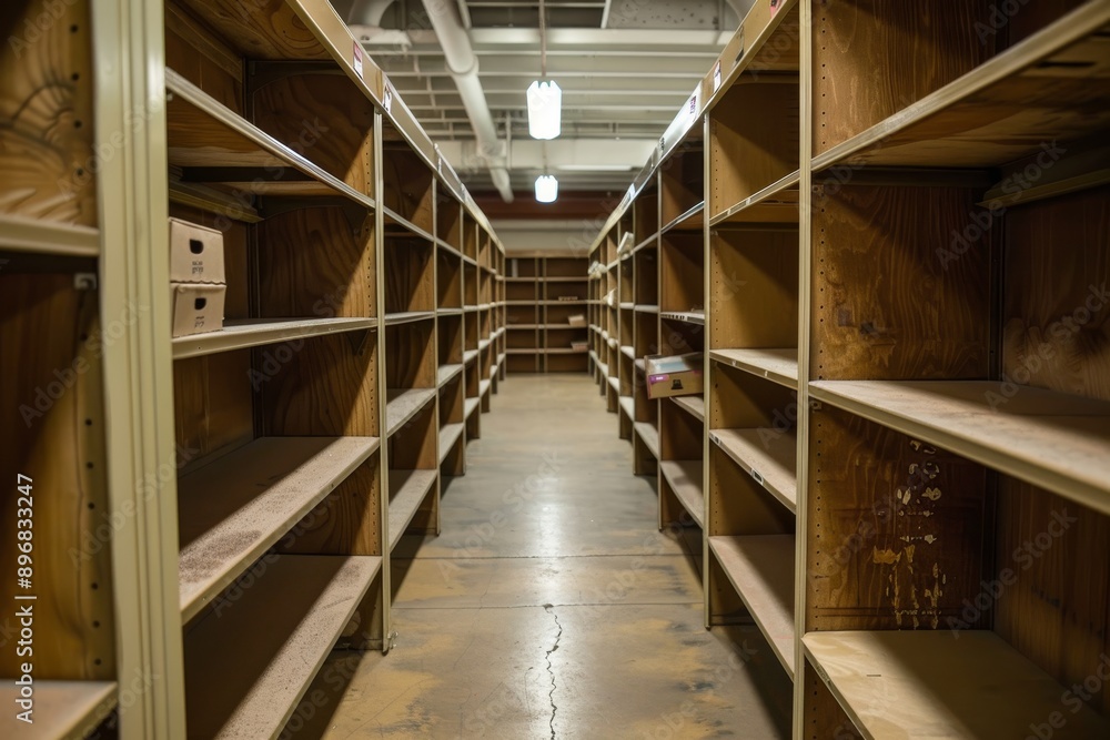 A long hallway with shelves and boxes, ready for storage and organization, Empty shelves waiting to be filled with donations A long hallway with shelves and boxes, ready for storage and organization, Empty shelves waiting to be filled with donations