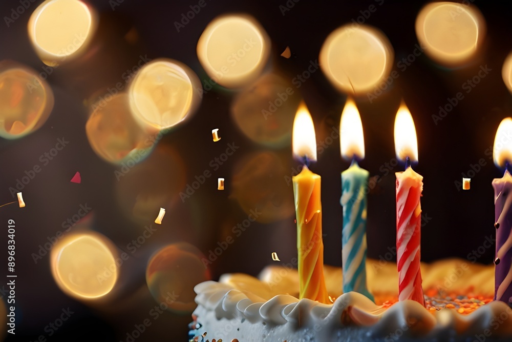 Birthday cake with candles, bright lights bokeh. Generative AI Birthday cake with candles, bright lights bokeh. Generative AI