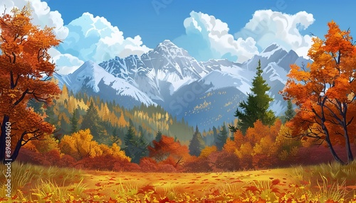 A beautiful autumn landscape with a mountain range in the background, anime style